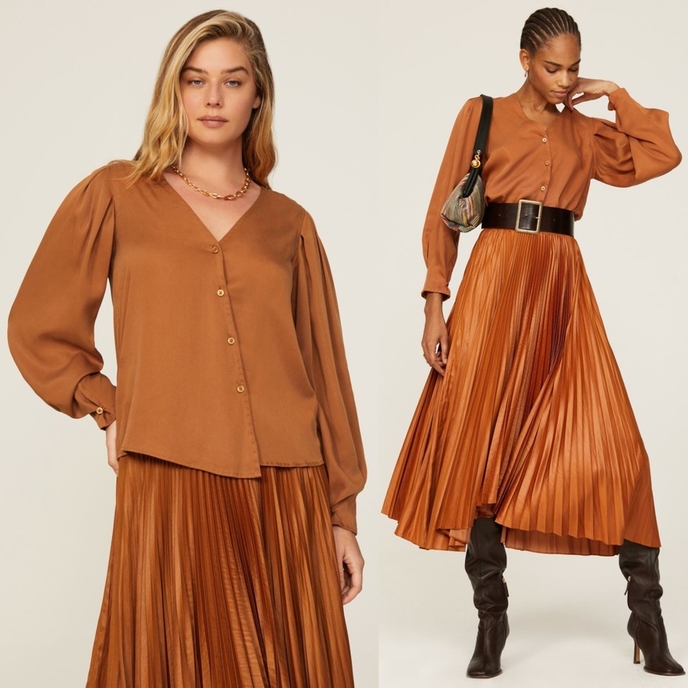 THAKOON Terracotta Twill Asymmetrical Button Front V-Neck Puff Long Sleeve Top 2